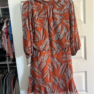 THML Long Sleeve Leaf Print Dress in Orange and Black